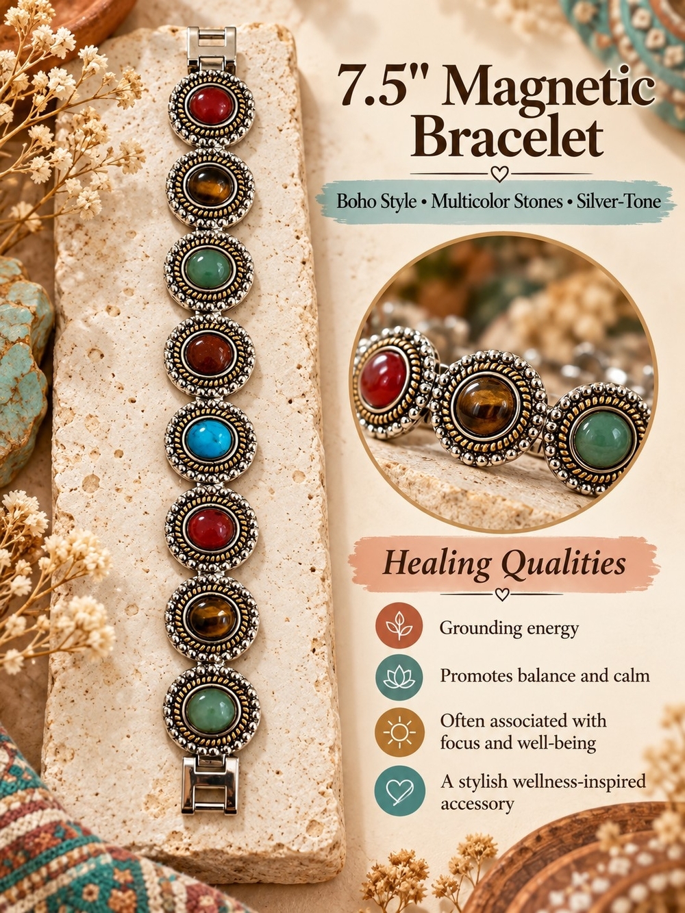 Boho Multicolor Stone Magnetic Bracelet - Silver-Tone